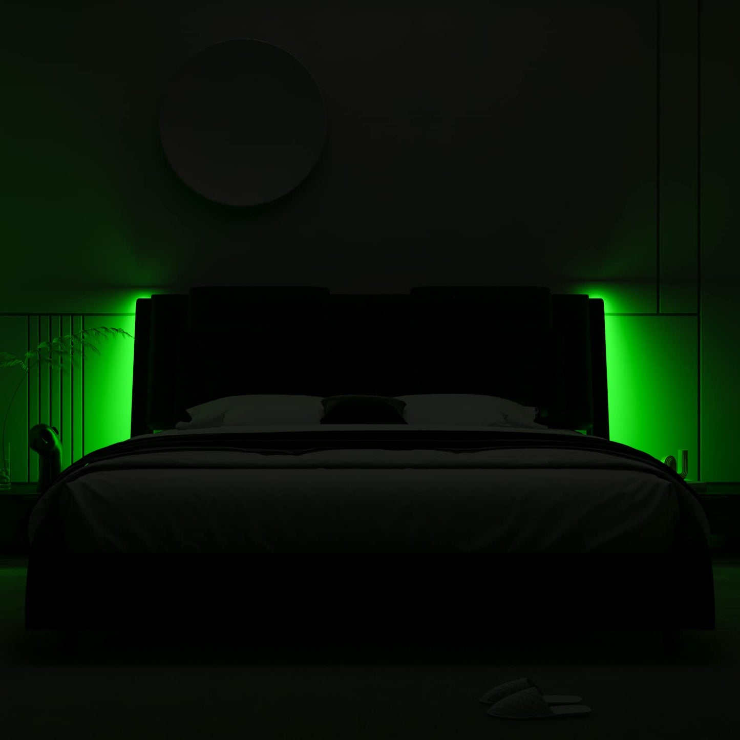 Keyluv Modern Upholstered Platform Bed Frame with Adjustable LED Headboard & Wave-Like Curve Design and Solid Wooden Slats Support, Pu Leather, No Box Spring Needed, Noise Free, Queen, Black