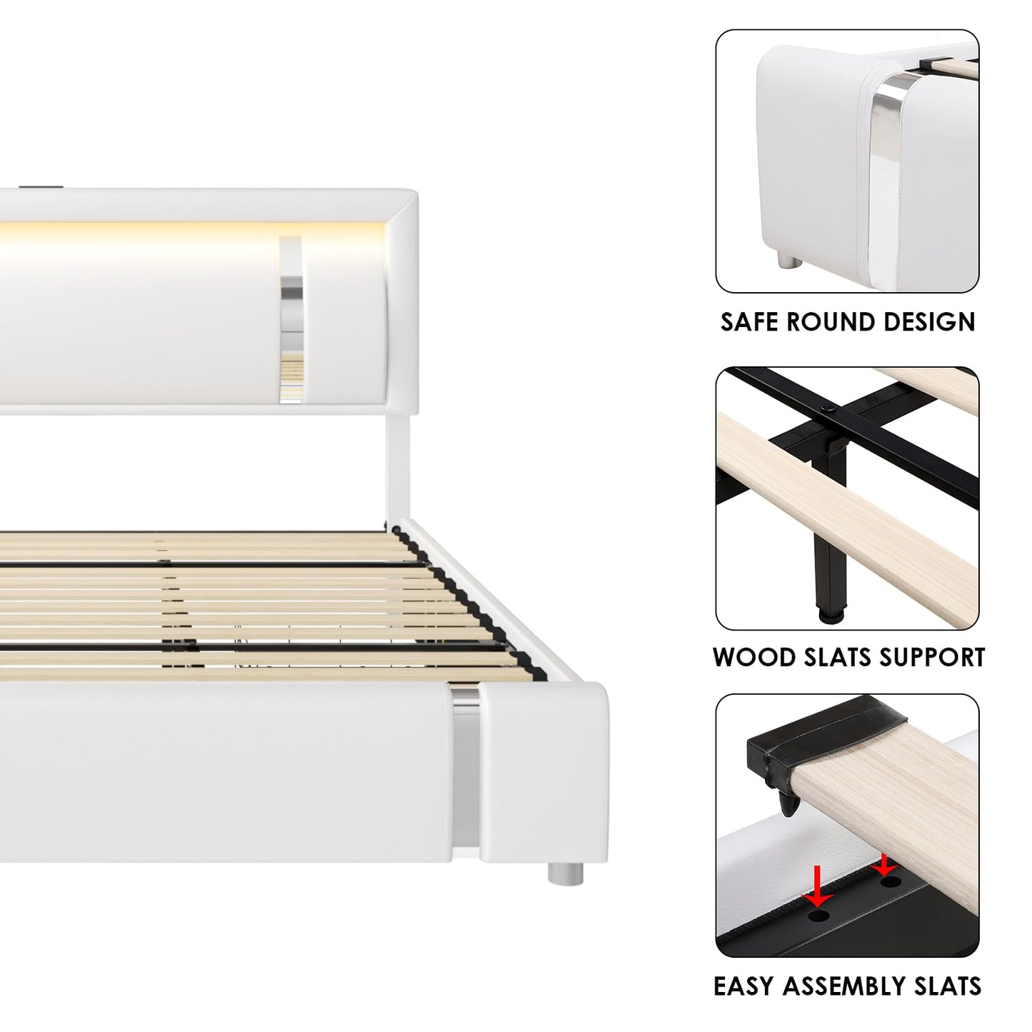 Full Size Bed Frame with RGB LED Lights Headboard & 2 Storage Drawers, Modern Upholstered Faux Leather Smart Platform Bed with Iron Metal Decor, USB & USB-C Charging Ports, No Box Spring Needed, White