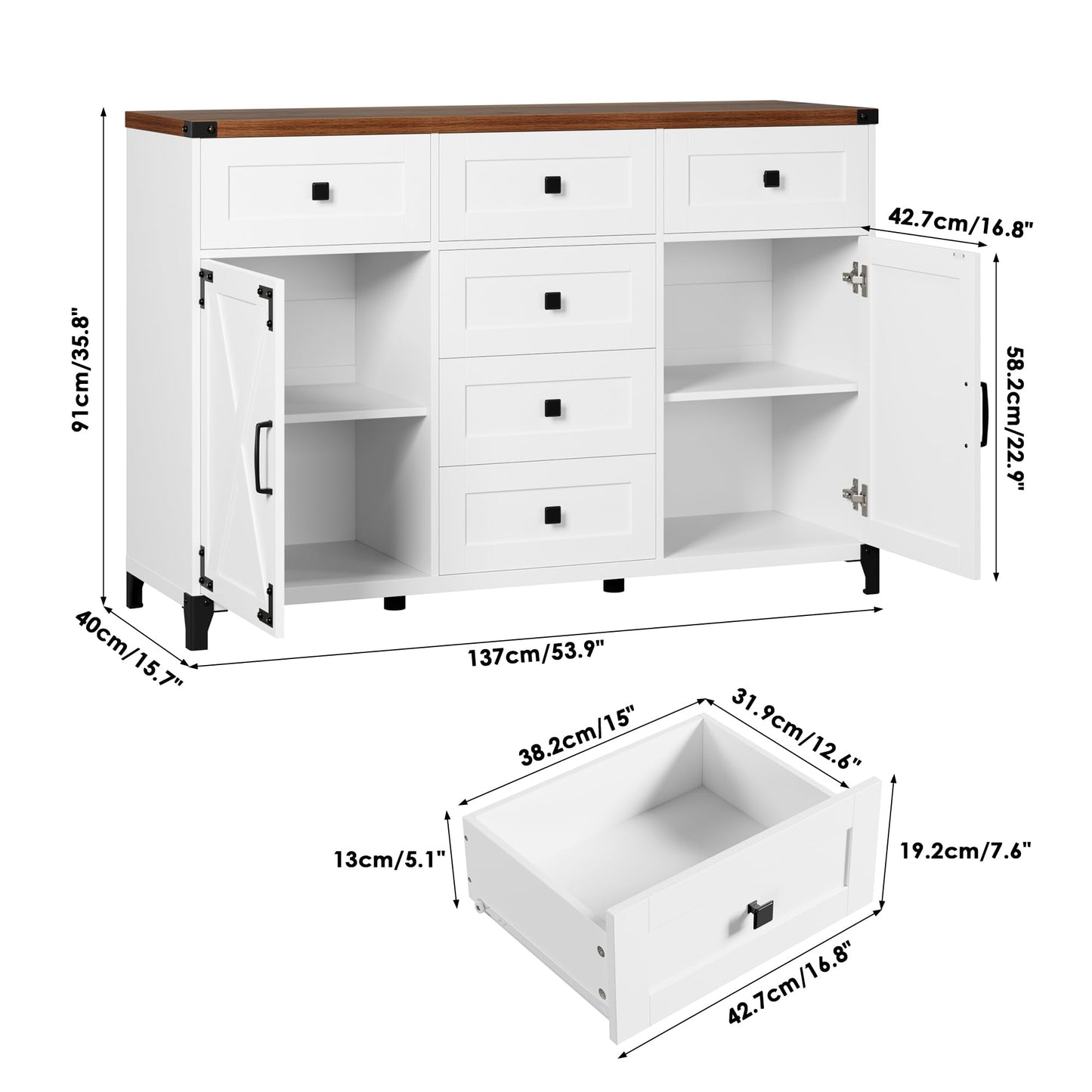 Keyluv Sideboard Buffet Cabinet 54” Large Sideboard Cabinet with 6 Versatile Storage Drawers Kitchen Cabinet, High Height Coffee Bar Farmhouse Wood Entryway Table for Dining/Living Room, White/Brown
