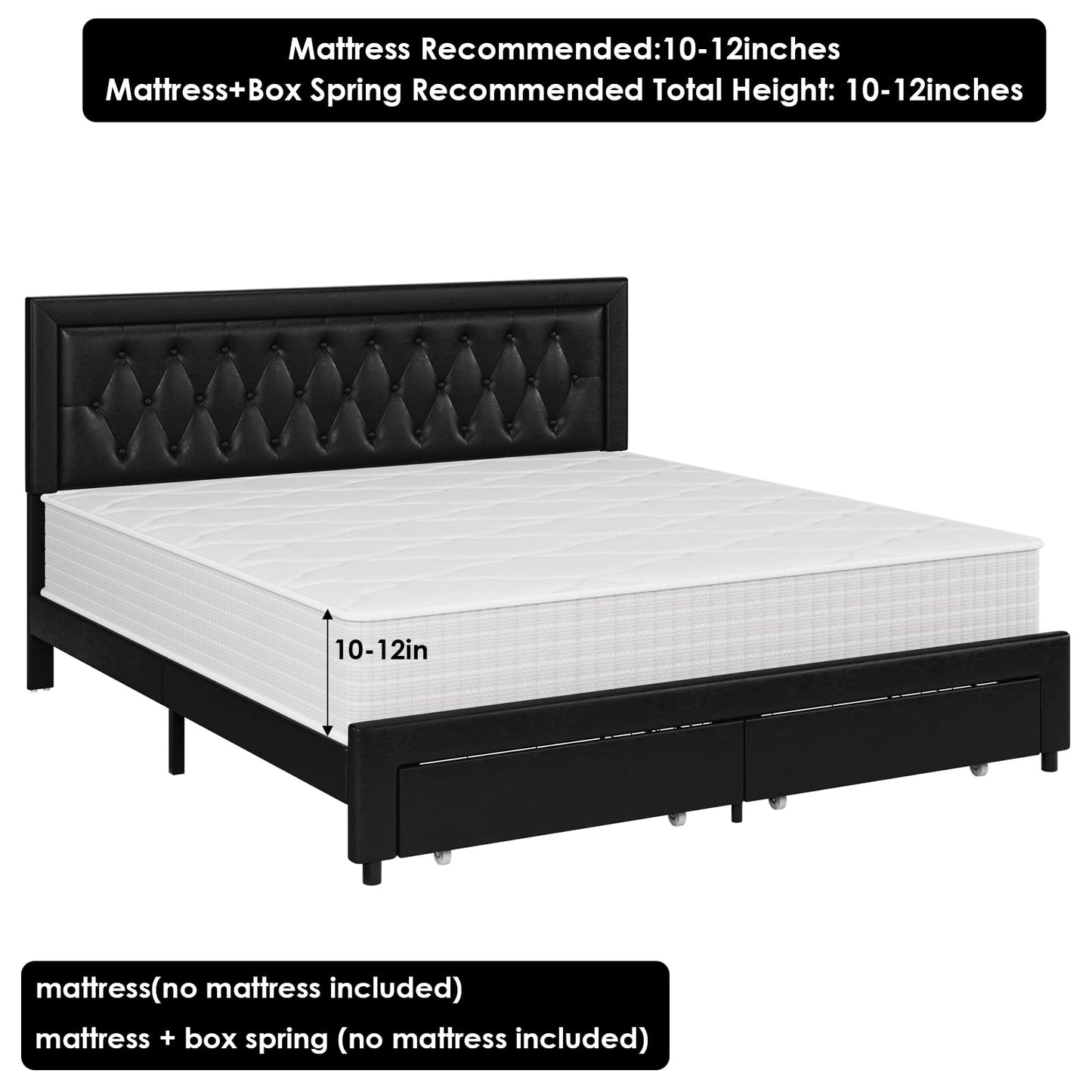 Keyluv Full Bed Frame with 2 Storage Drawers and Adjustable Headboard, High-End Faux Leather Platform Bed with Button Tufted, Wooden Slats No Box Spring Needed/Easy Assembly, Black