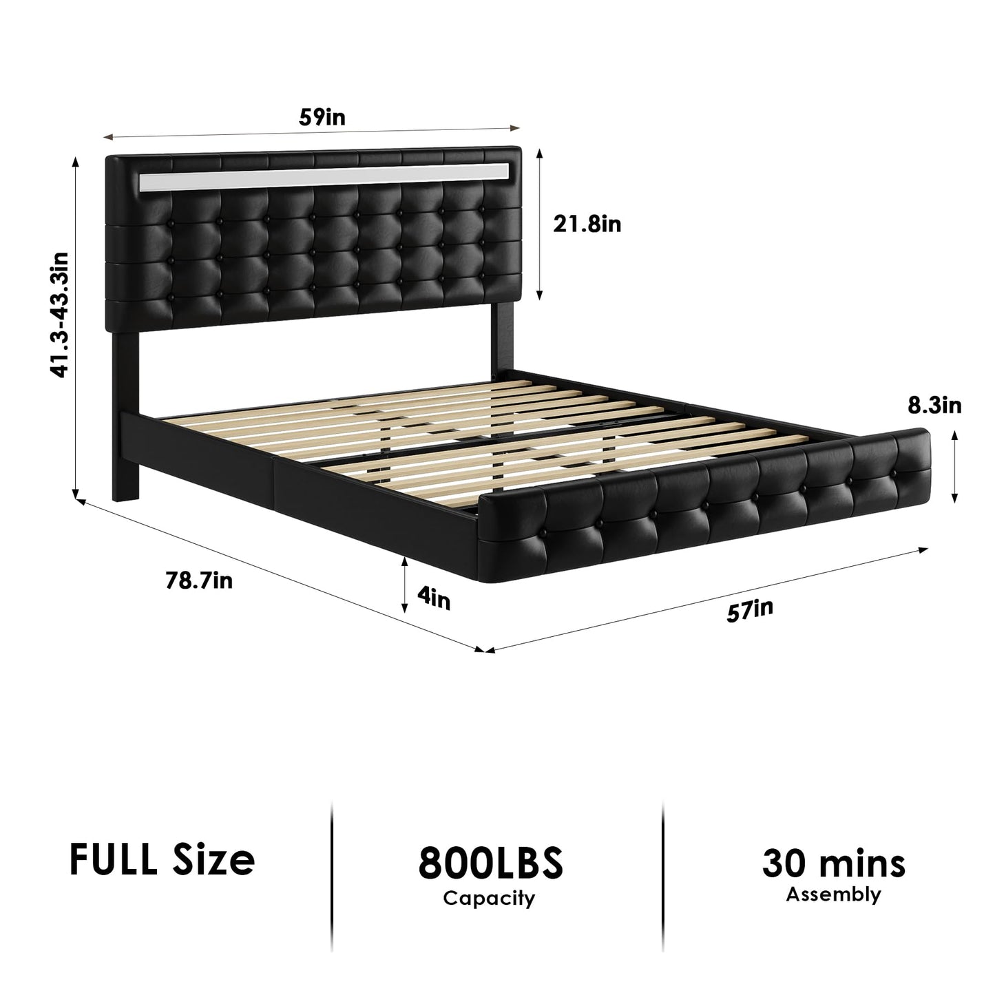 Keyluv Full Bed Frame with LED Lights, Floating Upholstered Headboard, Adjustable Height, Noise-Free Metal Frame, Under-bed Storage, Easy Assembly, Black