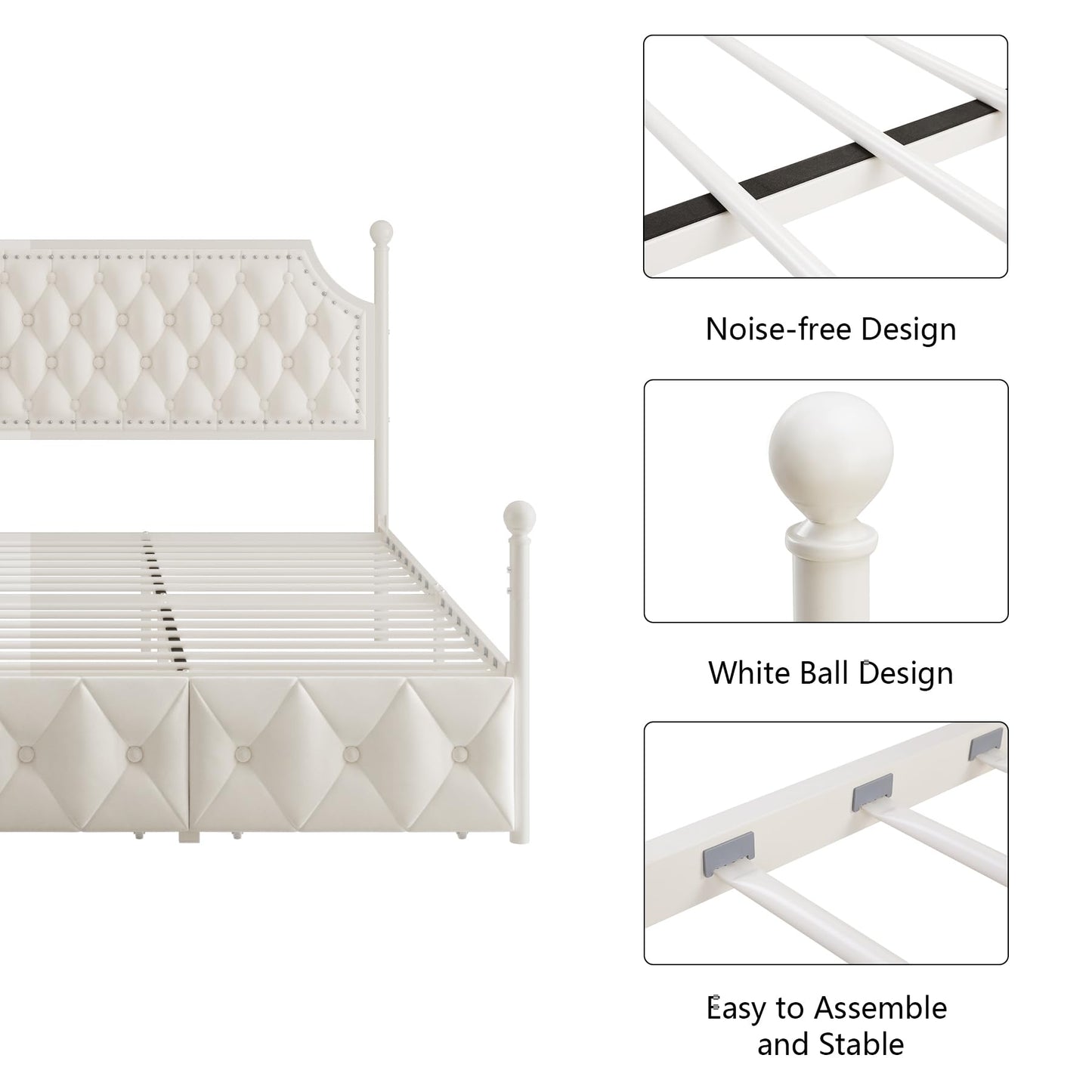 Keyluv Full Upholstered Canopy Bed Frame with 2 Drawers and Button Tufted Headboard, Metal Platform Bed with 4 Removable Posts, Two-Purpose Velvet Bed No Box Spring Needed, Beige/Curtains Not Included