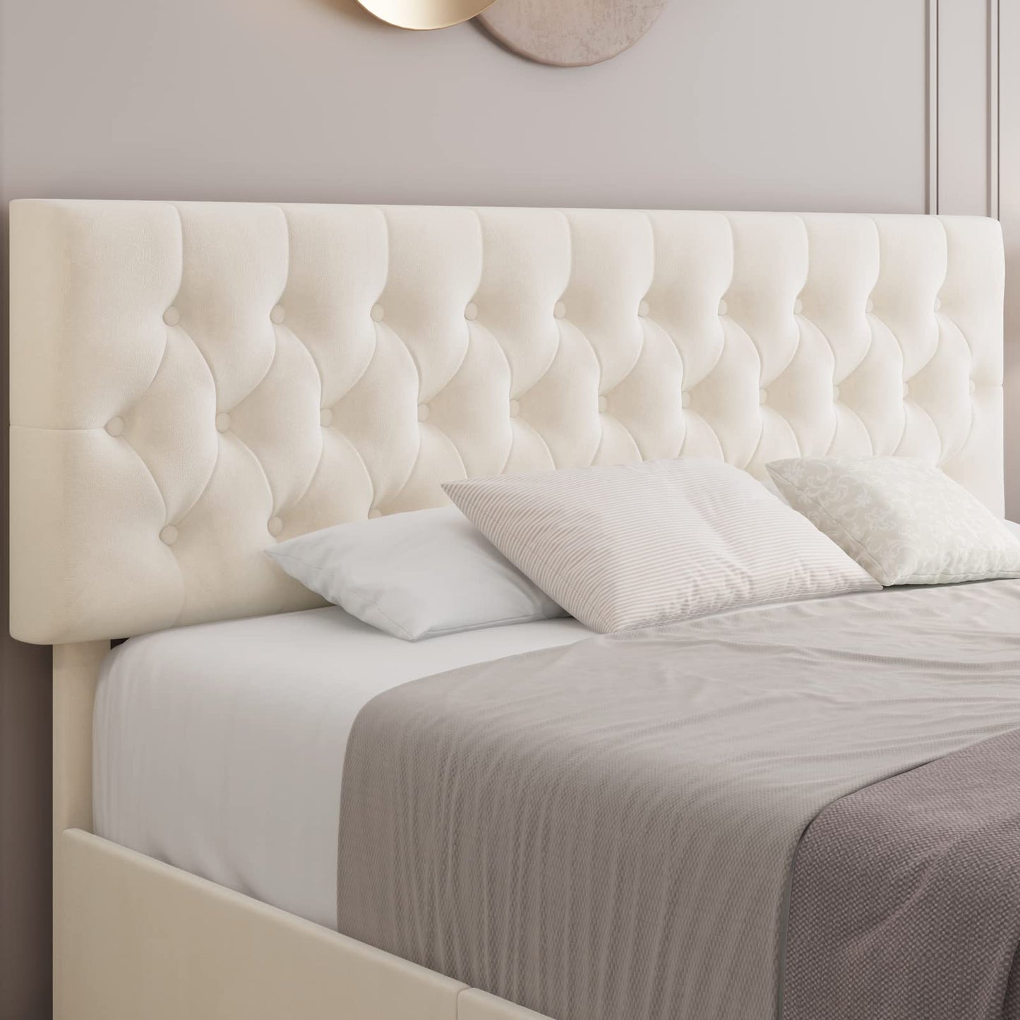 Keyluv Modern Upholstered Bed Frame with 4 Storage Drawers, Button Tufted Headboard Design, Solid Wooden Slat Support, Easy Assembly, Velvet, Beige, Full Size
