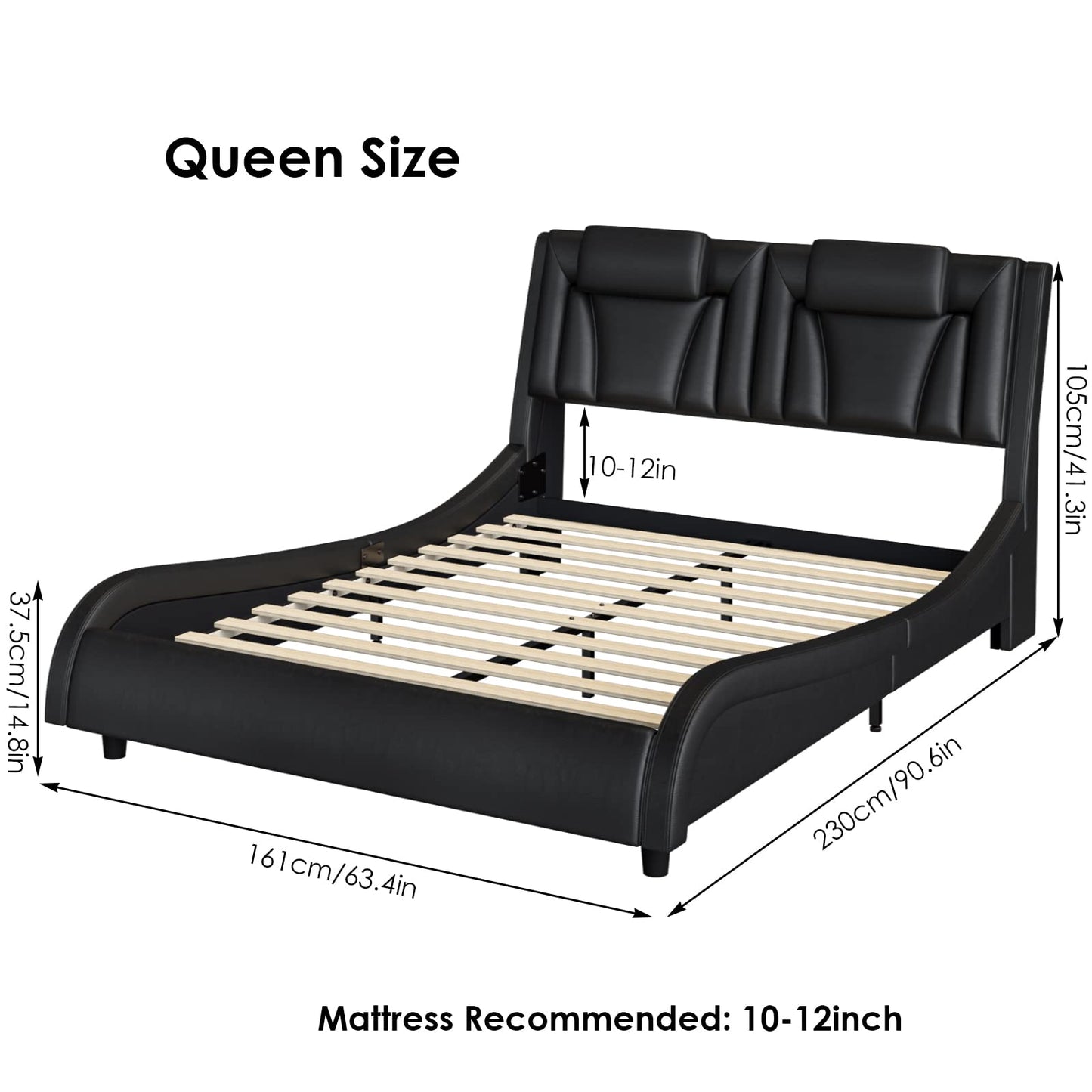 Keyluv Modern Upholstered Platform Bed Frame with Adjustable LED Headboard & Wave-Like Curve Design and Solid Wooden Slats Support, Pu Leather, No Box Spring Needed, Noise Free, Queen, Black