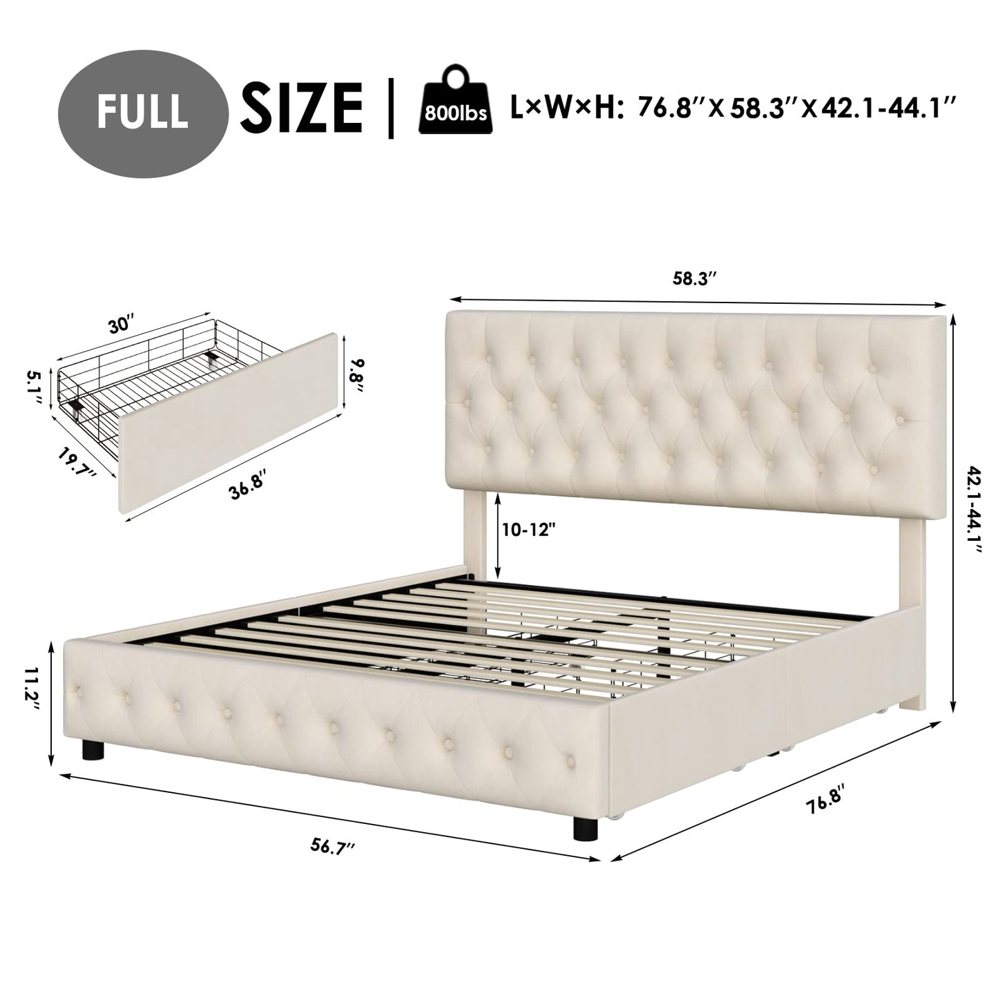 Keyluv Modern Upholstered Bed Frame with 4 Storage Drawers, Button Tufted Headboard Design, Solid Wooden Slat Support, Easy Assembly, Velvet, Beige, Full Size