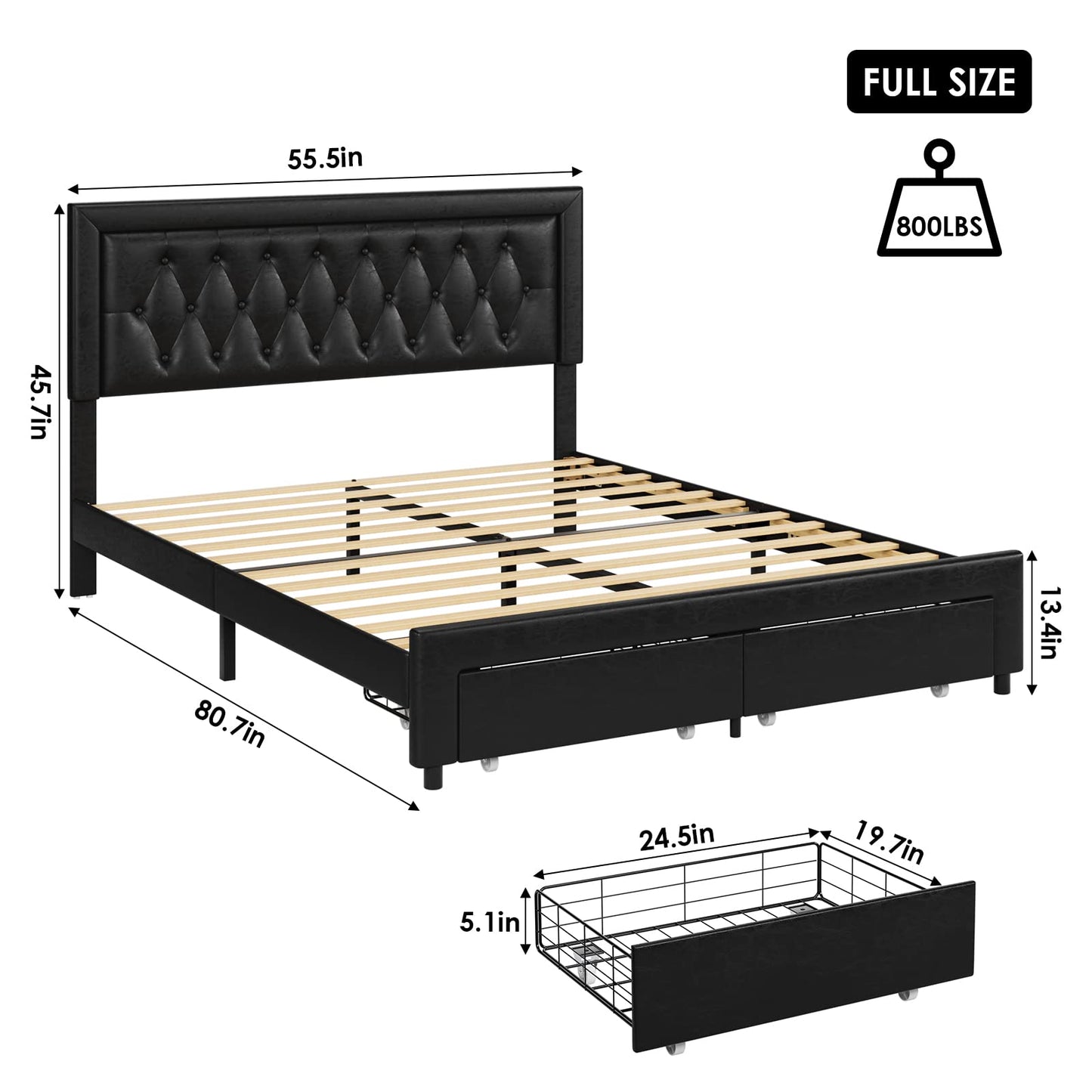 Keyluv Full Bed Frame with 2 Storage Drawers and Adjustable Headboard, High-End Faux Leather Platform Bed with Button Tufted, Wooden Slats No Box Spring Needed/Easy Assembly, Black