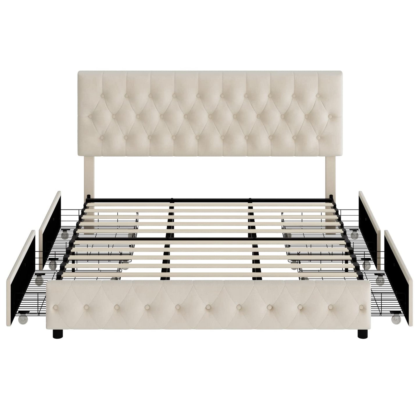 Keyluv Modern Upholstered Bed Frame with 4 Storage Drawers, Button Tufted Headboard Design, Solid Wooden Slat Support, Easy Assembly, Velvet, Beige, Full Size
