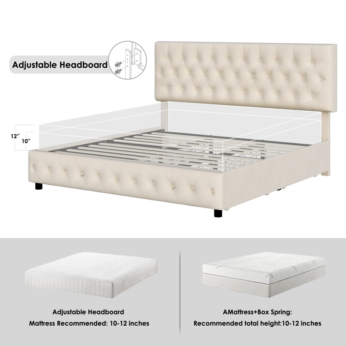 Keyluv Modern Upholstered Bed Frame with 4 Storage Drawers, Button Tufted Headboard Design, Solid Wooden Slat Support, Easy Assembly, Velvet, Beige, Full Size