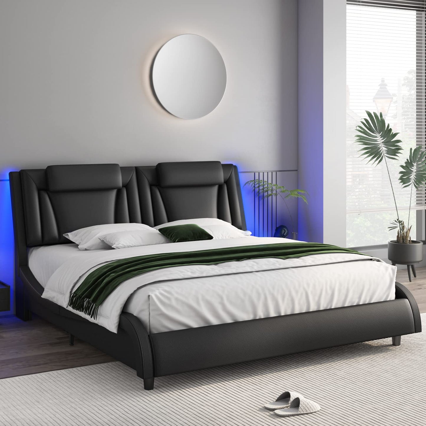 Keyluv Modern Upholstered Platform Bed Frame with Adjustable LED Headboard & Wave-Like Curve Design and Solid Wooden Slats Support, Pu Leather, No Box Spring Needed, Noise Free, Queen, Black