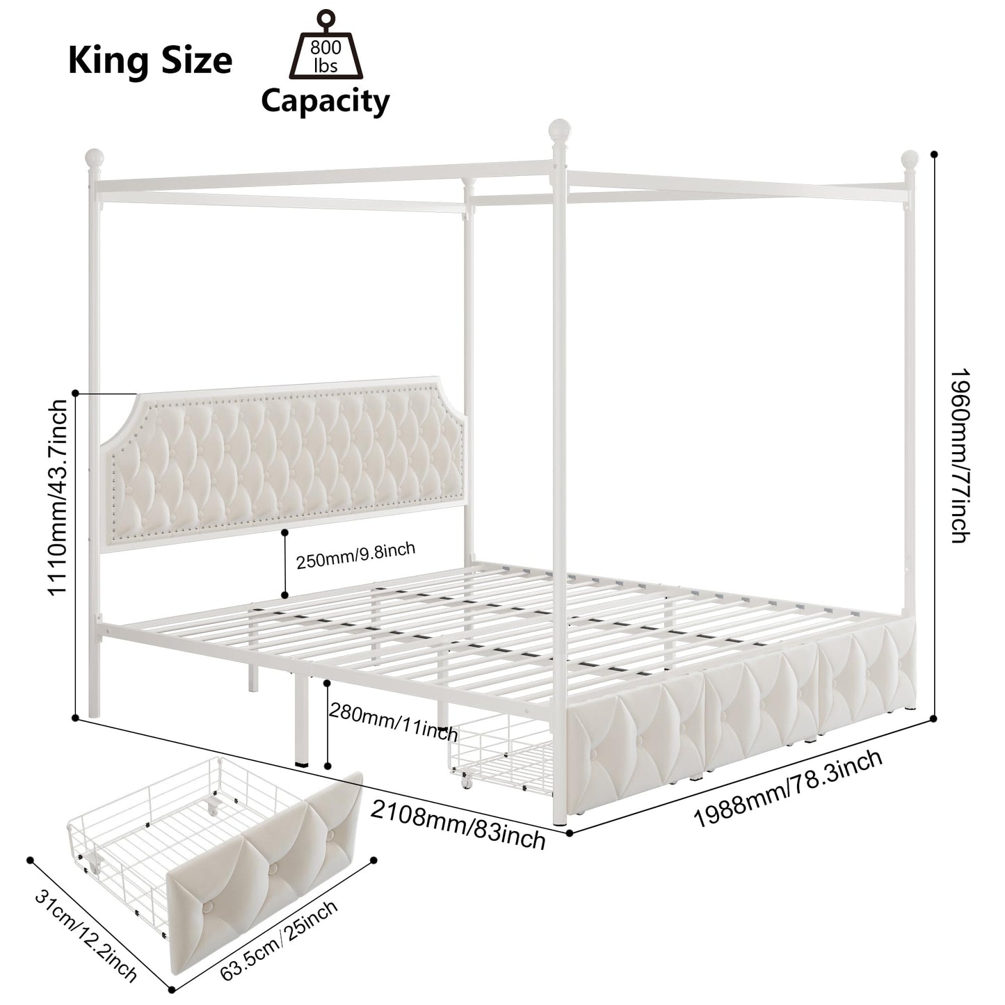 Keyluv Full Upholstered Canopy Bed Frame with 2 Drawers and Button Tufted Headboard, Metal Platform Bed with 4 Removable Posts, Two-Purpose Velvet Bed No Box Spring Needed, Beige/Curtains Not Included