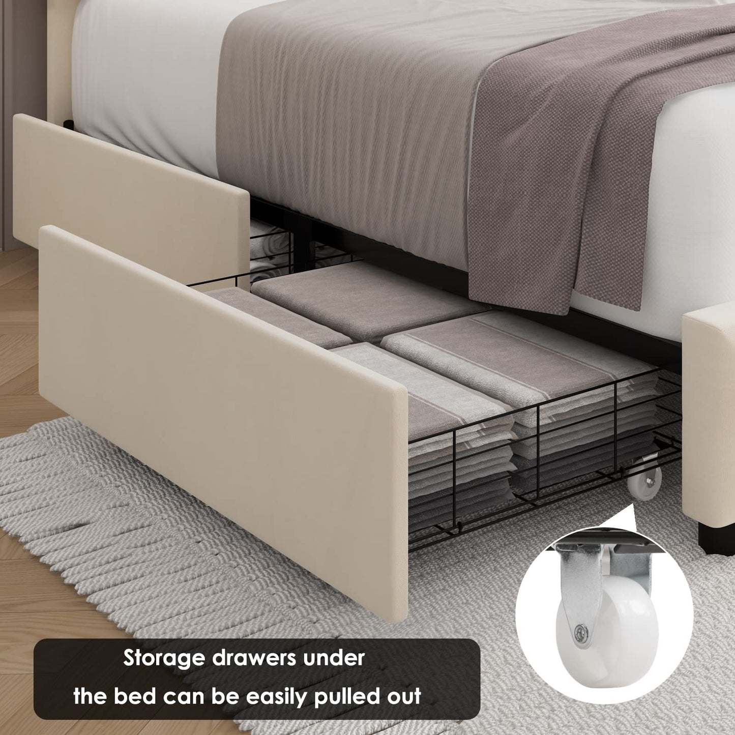 Keyluv Modern Upholstered Bed Frame with 4 Storage Drawers, Button Tufted Headboard Design, Solid Wooden Slat Support, Easy Assembly, Velvet, Beige, Full Size