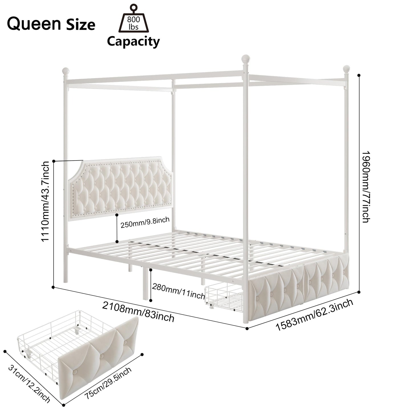 Keyluv Full Upholstered Canopy Bed Frame with 2 Drawers and Button Tufted Headboard, Metal Platform Bed with 4 Removable Posts, Two-Purpose Velvet Bed No Box Spring Needed, Beige/Curtains Not Included
