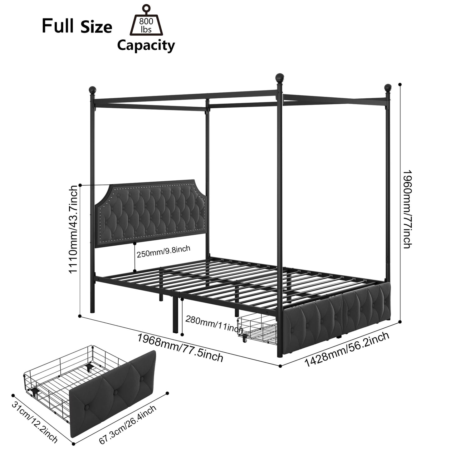 Keyluv Full Upholstered Canopy Bed Frame with 2 Drawers and Button Tufted Headboard, Metal Platform Bed with 4 Removable Posts, Two-Purpose Velvet Bed No Box Spring Needed, Beige/Curtains Not Included