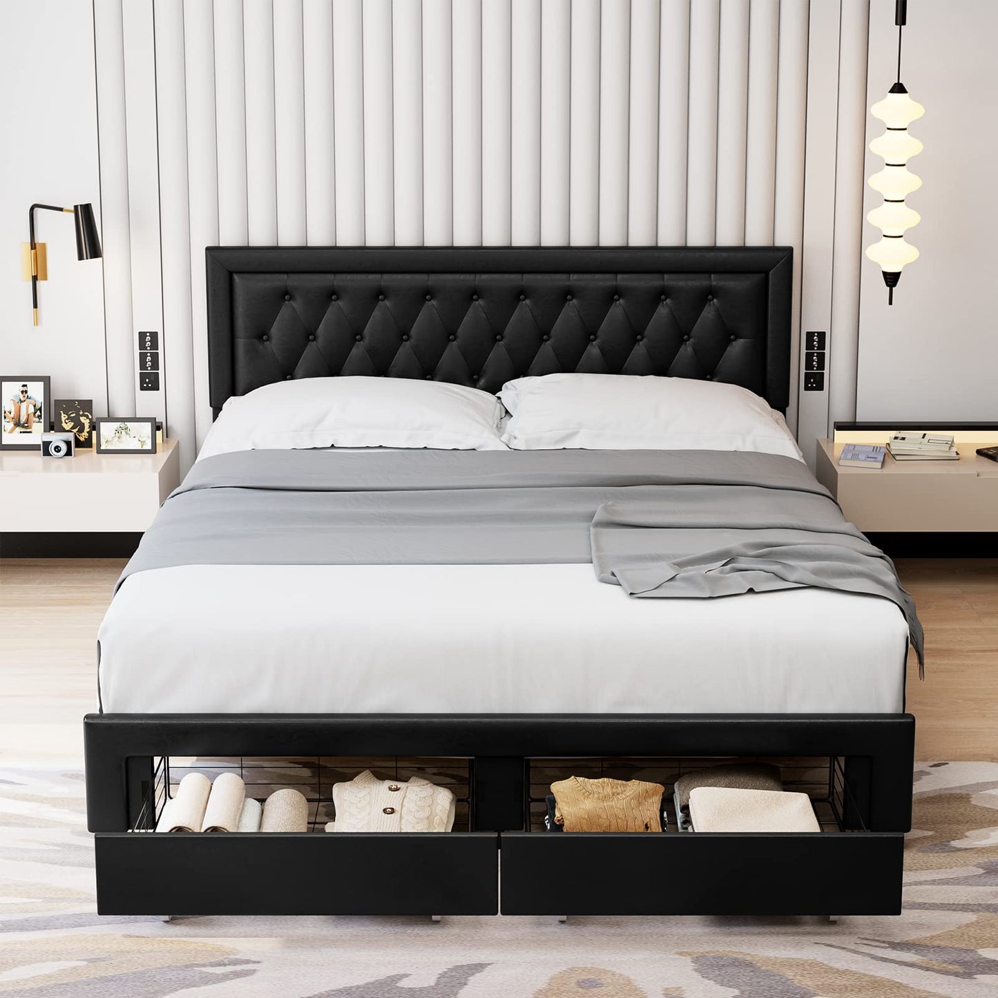 Keyluv Full Bed Frame with 2 Storage Drawers and Adjustable Headboard, High-End Faux Leather Platform Bed with Button Tufted, Wooden Slats No Box Spring Needed/Easy Assembly, Black