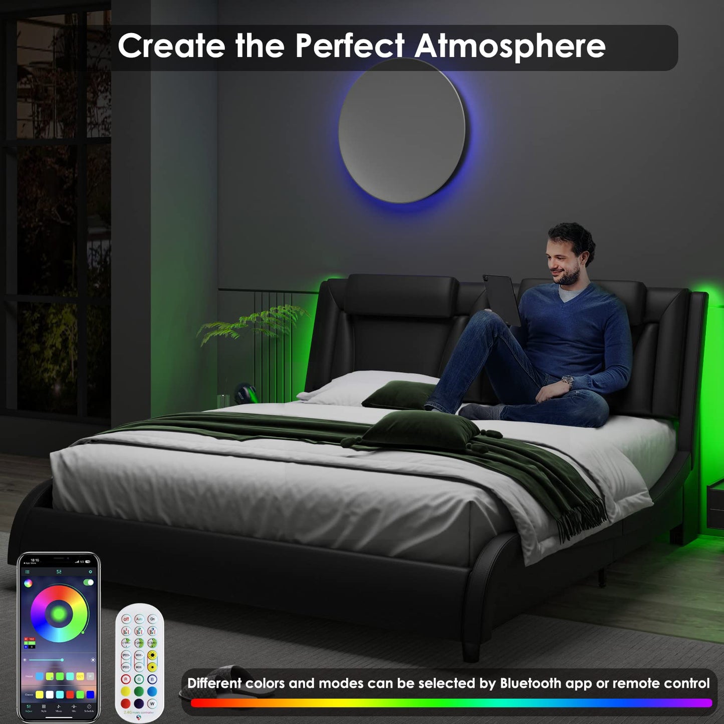 Keyluv Modern Upholstered Platform Bed Frame with Adjustable LED Headboard & Wave-Like Curve Design and Solid Wooden Slats Support, Pu Leather, No Box Spring Needed, Noise Free, Queen, Black