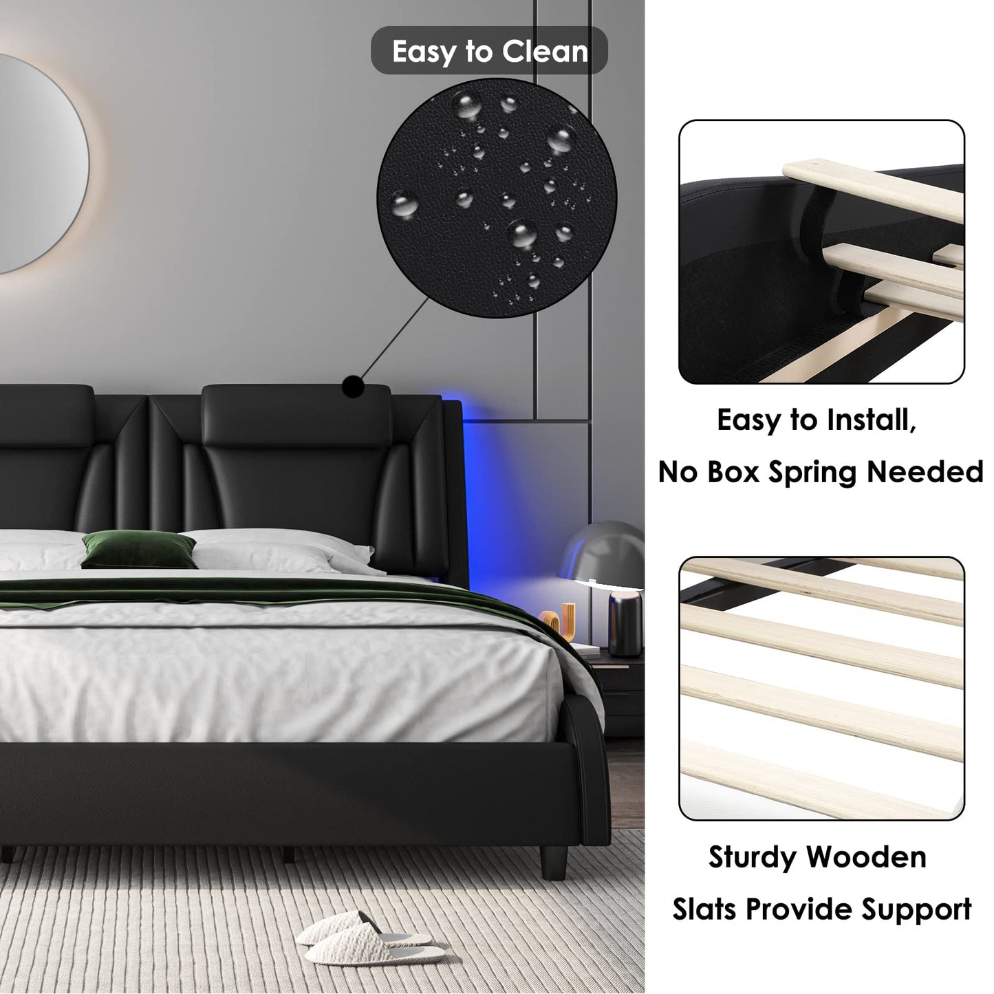 Keyluv Modern Upholstered Platform Bed Frame with Adjustable LED Headboard & Wave-Like Curve Design and Solid Wooden Slats Support, Pu Leather, No Box Spring Needed, Noise Free, Queen, Black