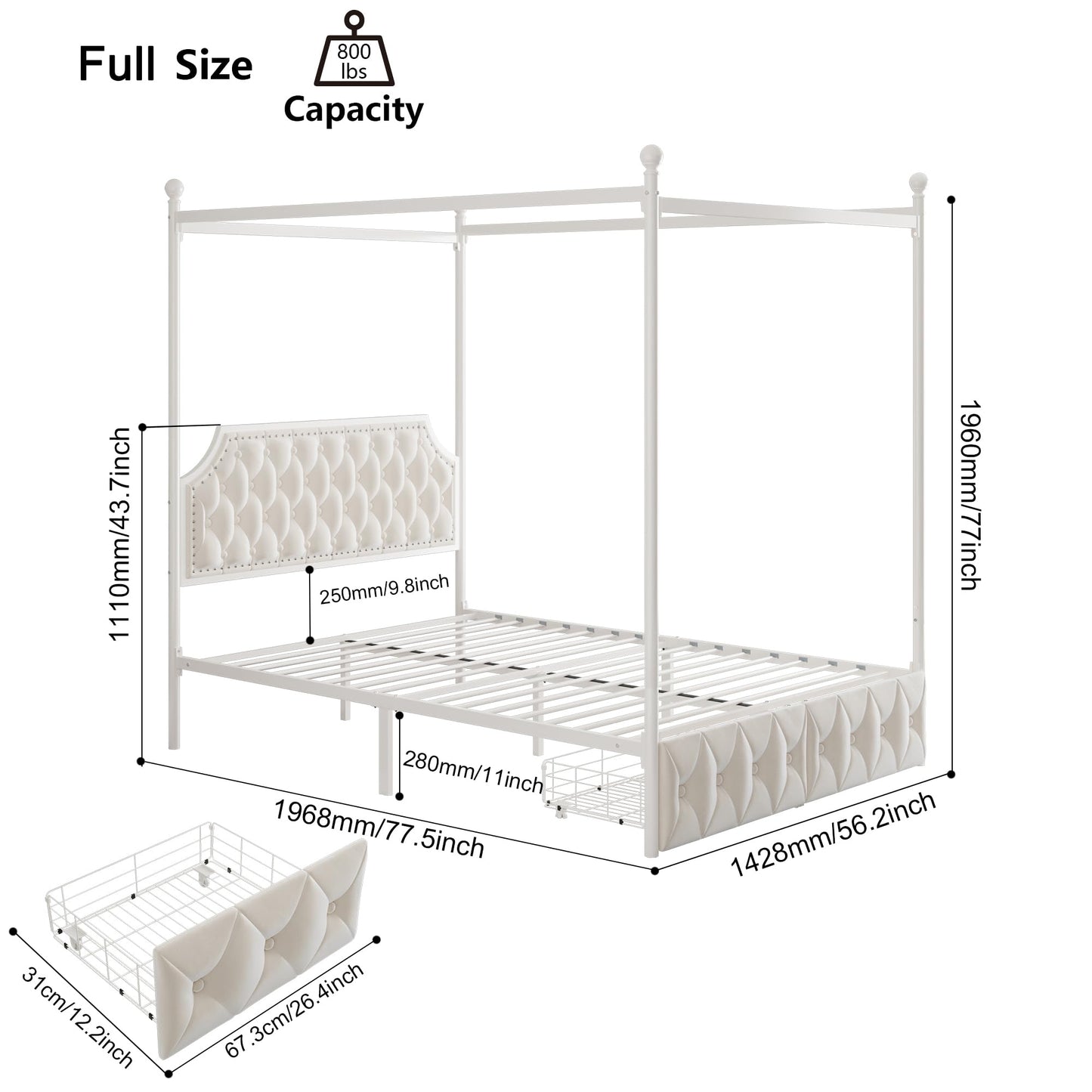 Keyluv Full Upholstered Canopy Bed Frame with 2 Drawers and Button Tufted Headboard, Metal Platform Bed with 4 Removable Posts, Two-Purpose Velvet Bed No Box Spring Needed, Beige/Curtains Not Included