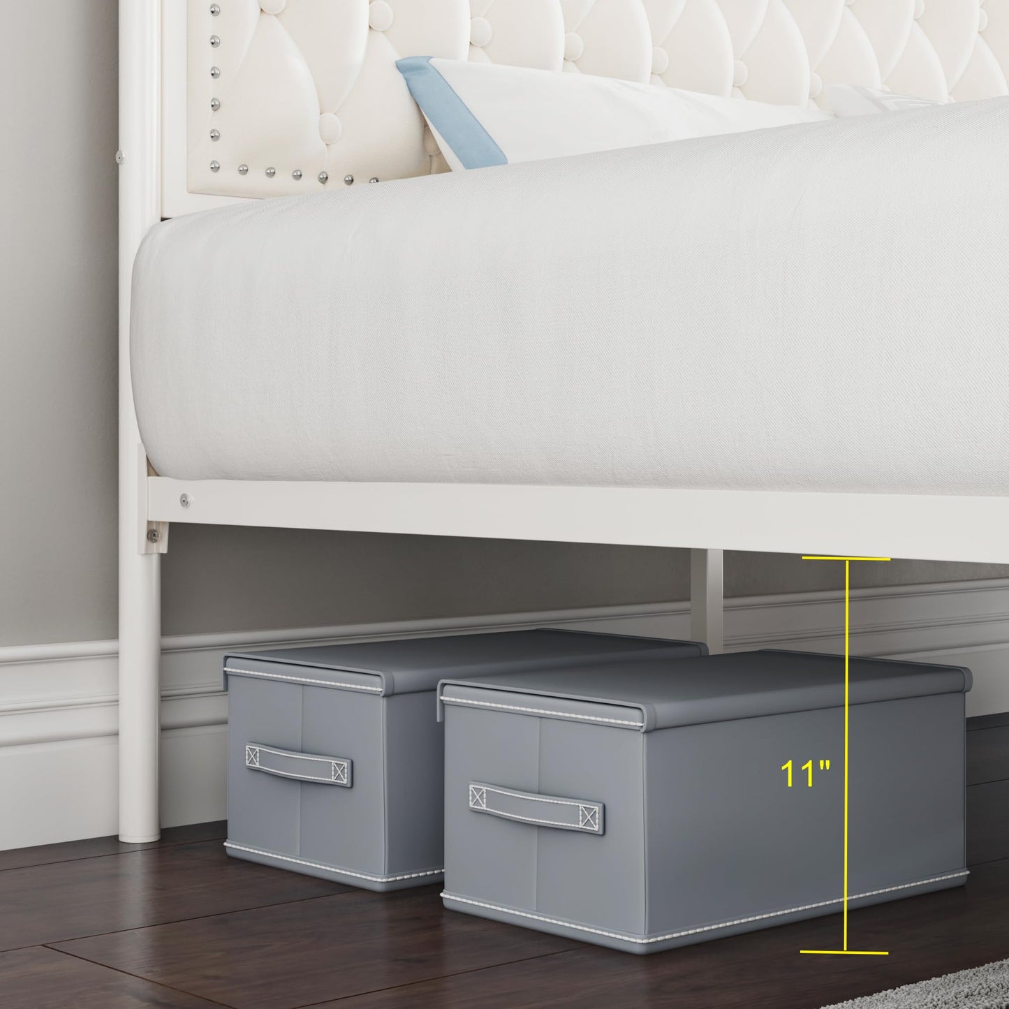 Keyluv Full Upholstered Canopy Bed Frame with 2 Drawers and Button Tufted Headboard, Metal Platform Bed with 4 Removable Posts, Two-Purpose Velvet Bed No Box Spring Needed, Beige/Curtains Not Included