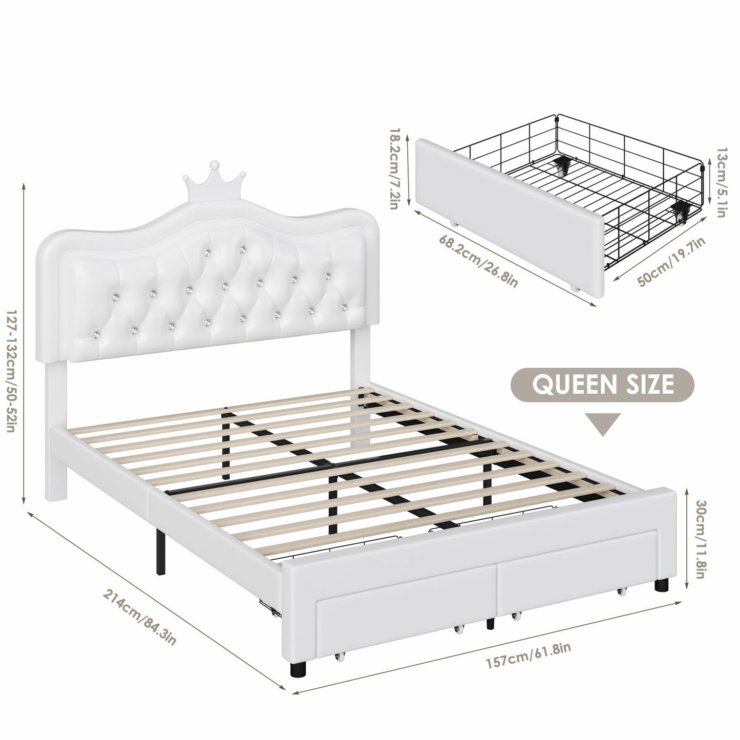 Keyluv Twin Upholstered LED Bed Frame with Storage Drawer, Leather Princess Platform Bed with Adjustable Crystal Button Tufted Crown Headboard, Solid Wooden Slats Support, No Box Spring Needed, Pink