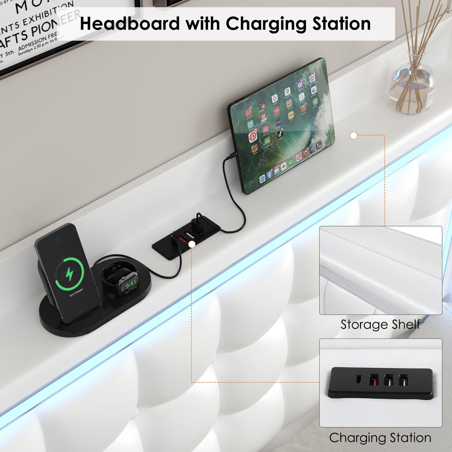 Keyluv Upholstered Twin Floating Bed Frame with LED Lights and Charging Station, Pu Leather Platform Bed with Button Tufted Storage Headboard, Type-C & USB Charging Ports, No Box Spring Needed, White