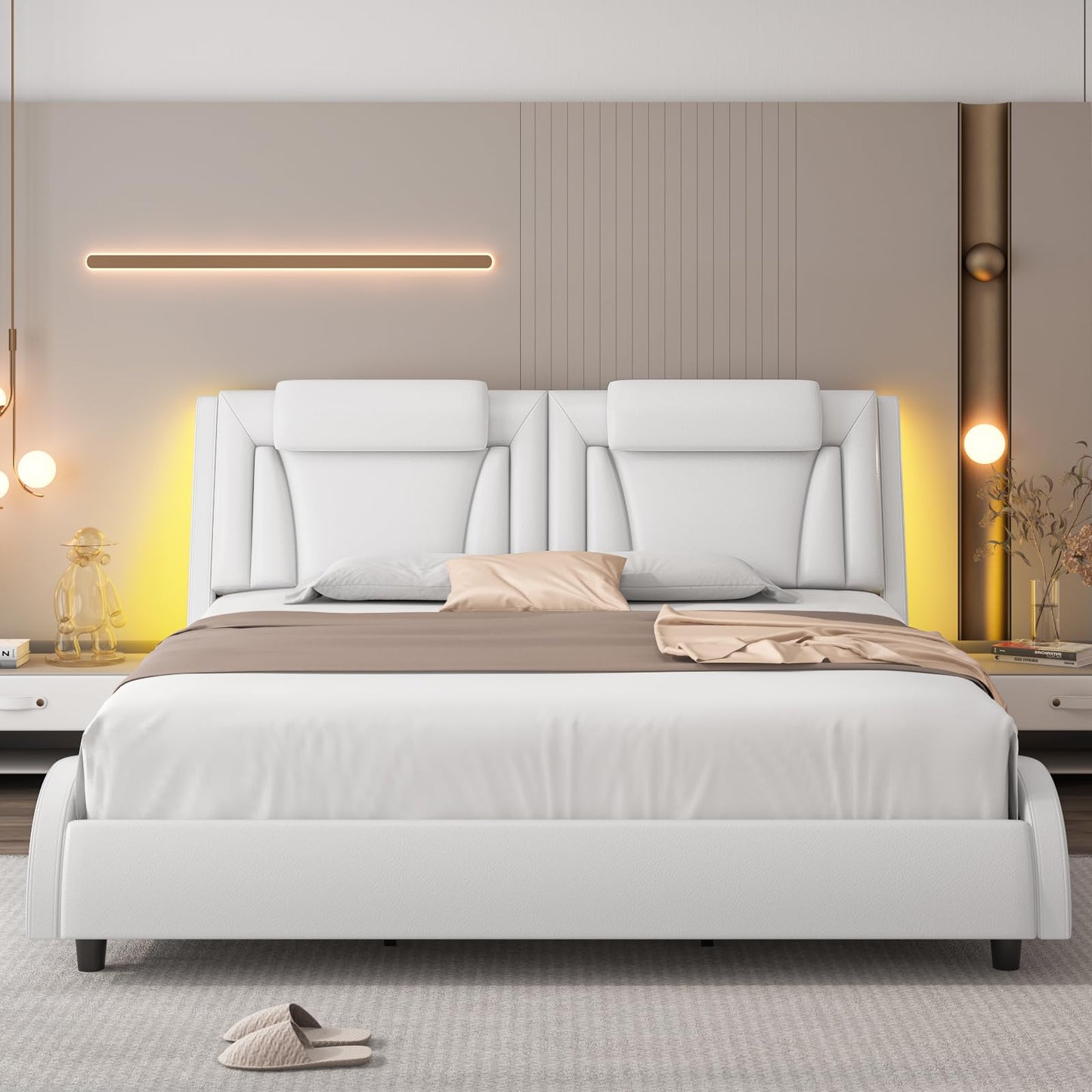Keyluv Modern Upholstered Platform Bed Frame with Adjustable LED Headboard & Wave-Like Curve Design and Solid Wooden Slats Support, Pu Leather, No Box Spring Needed, Noise Free, Queen, Black