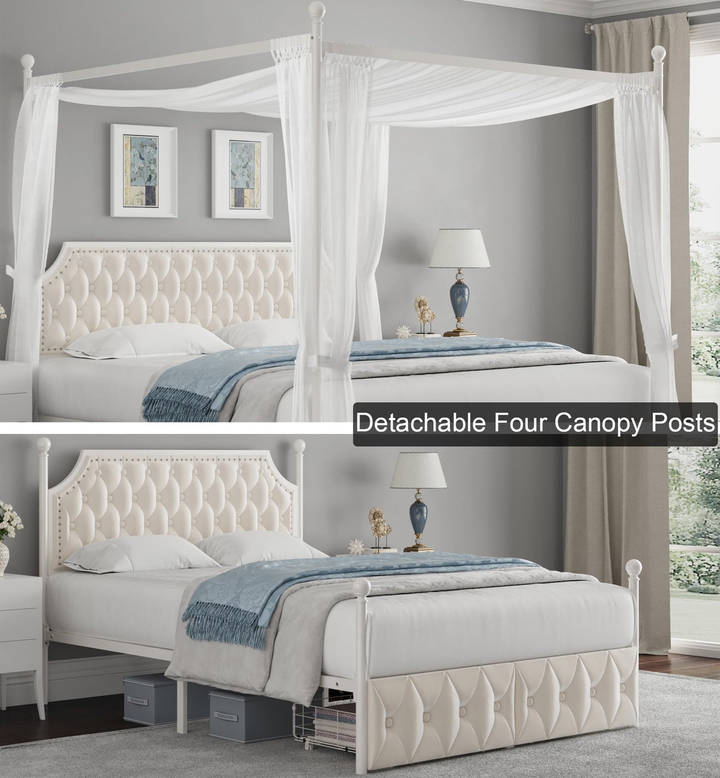 Keyluv Full Upholstered Canopy Bed Frame with 2 Drawers and Button Tufted Headboard, Metal Platform Bed with 4 Removable Posts, Two-Purpose Velvet Bed No Box Spring Needed, Beige/Curtains Not Included