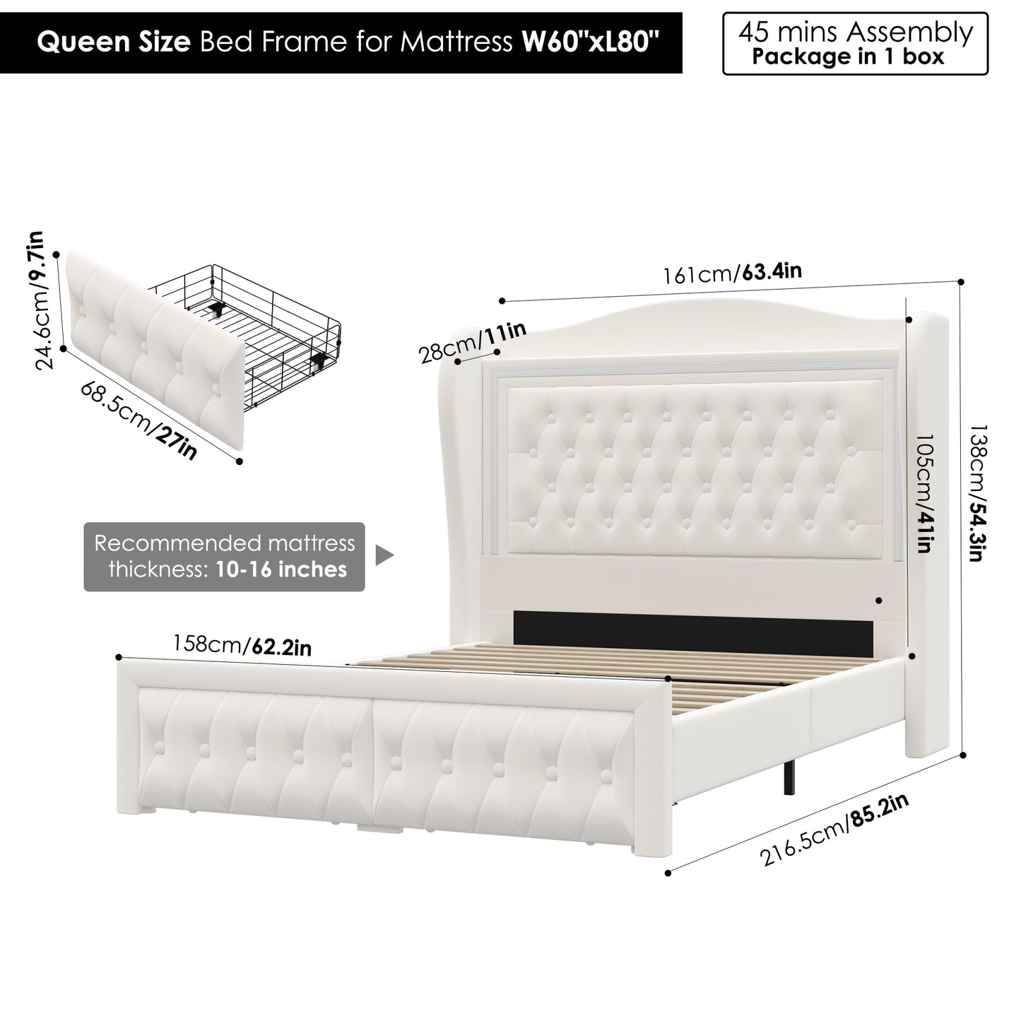 Queen Bed Frame 55" Tall Headboard with LED Lights, Buttons Tufted Velvet Upholstered Platform Bed Frame with 2 Storage Drawers, Wood Slats Support Mattress Foundation, No Box Spring Needed, Beige
