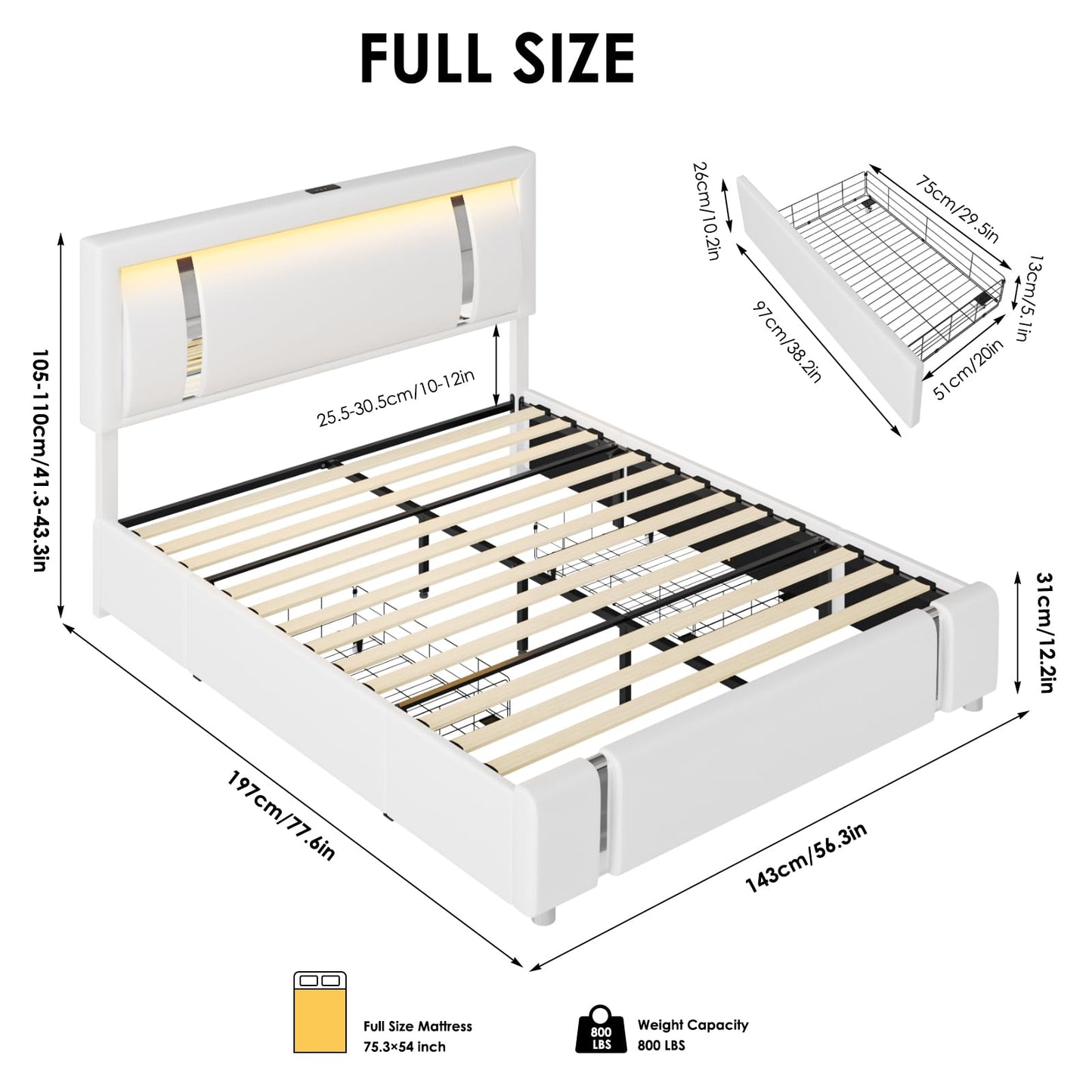 Full Size Bed Frame with RGB LED Lights Headboard & 2 Storage Drawers, Modern Upholstered Faux Leather Smart Platform Bed with Iron Metal Decor, USB & USB-C Charging Ports, No Box Spring Needed, White