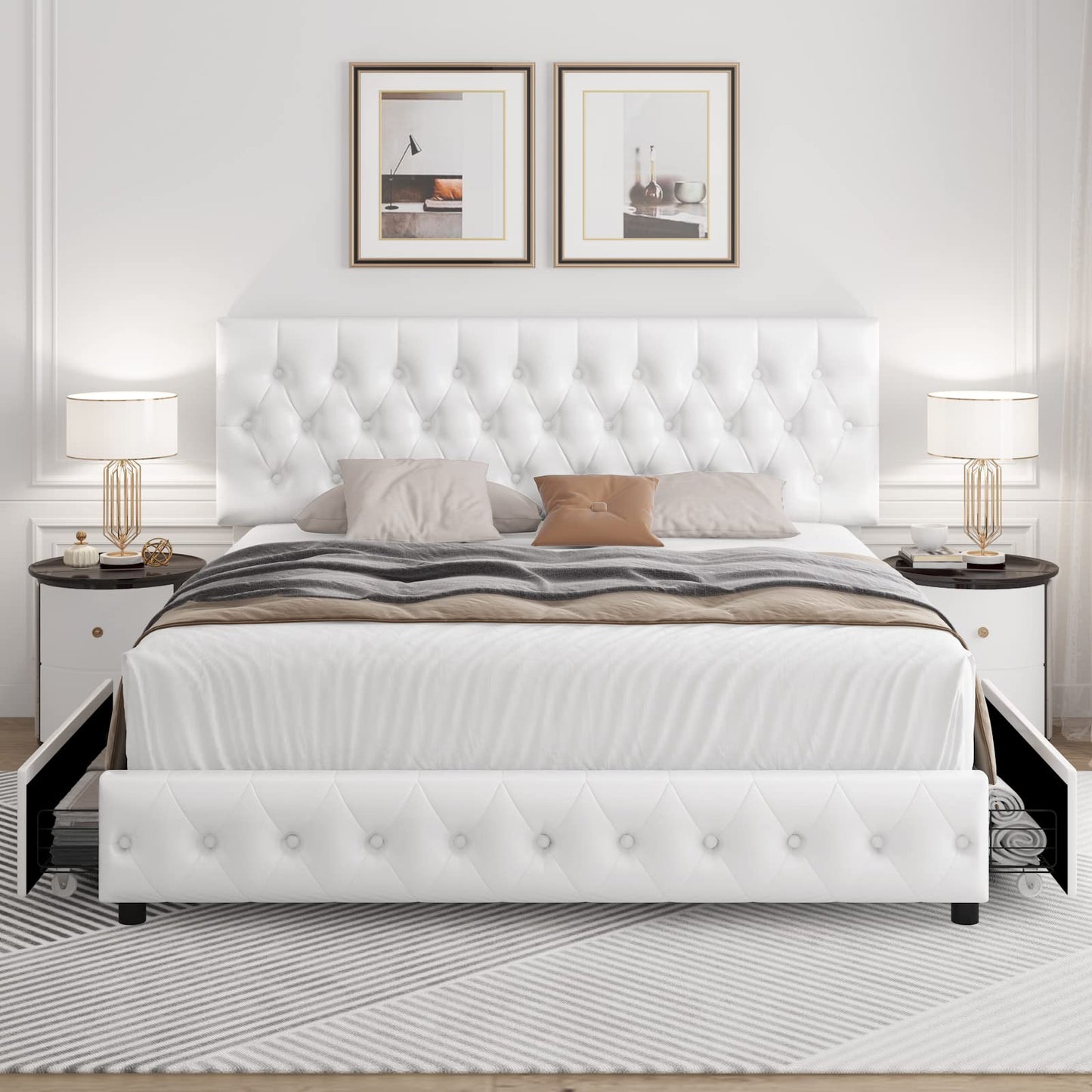 Keyluv Modern Upholstered Bed Frame with 4 Storage Drawers, Button Tufted Headboard Design, Solid Wooden Slat Support, Easy Assembly, Velvet, Beige, Full Size