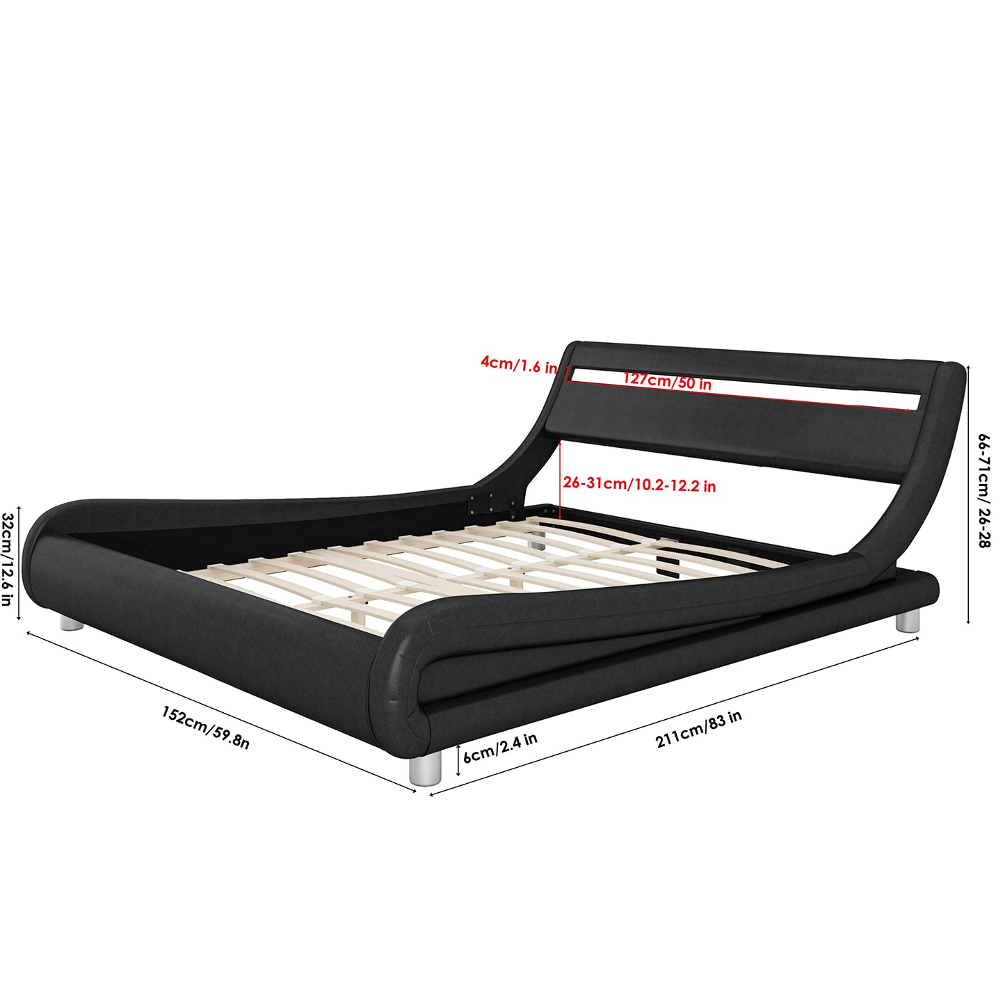 Modern LED Bed Frame with Headboard, Deluxe Faux Leather Upholstered Platform Bed Frame, Wood Slat Support, Remote Control, 16 Color Changes, Full Size, Black