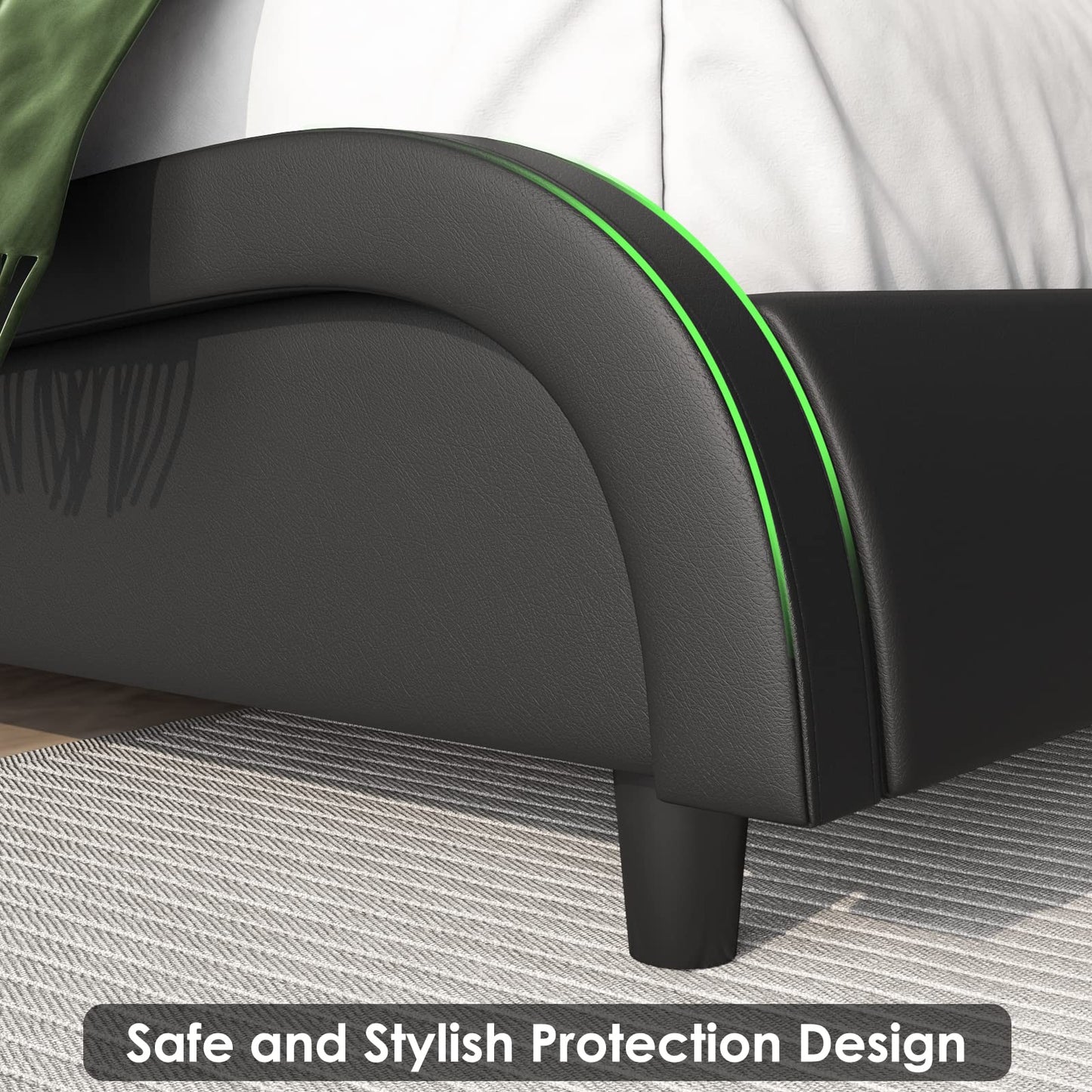 Keyluv Modern Upholstered Platform Bed Frame with Adjustable LED Headboard & Wave-Like Curve Design and Solid Wooden Slats Support, Pu Leather, No Box Spring Needed, Noise Free, Queen, Black