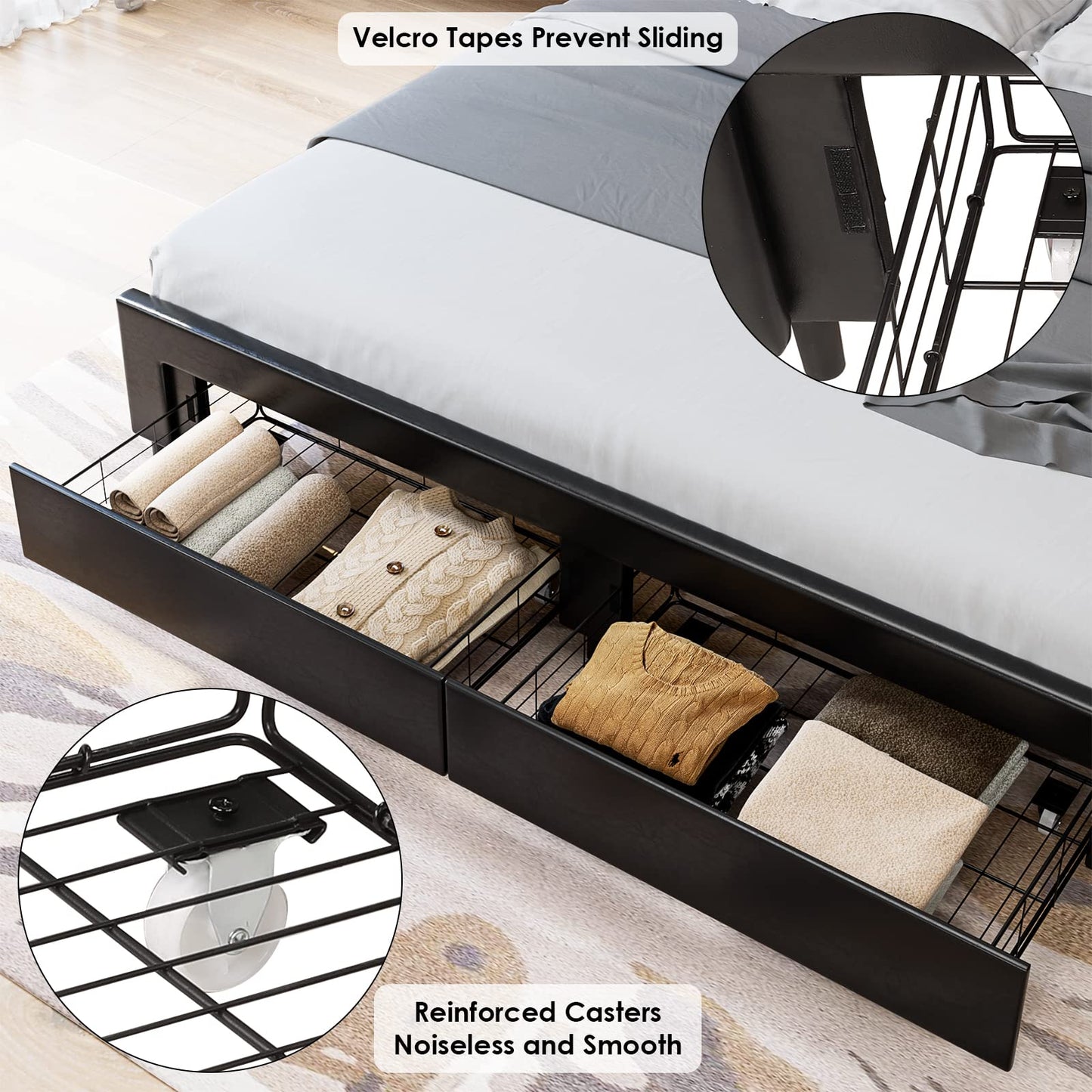 Keyluv Full Bed Frame with 2 Storage Drawers and Adjustable Headboard, High-End Faux Leather Platform Bed with Button Tufted, Wooden Slats No Box Spring Needed/Easy Assembly, Black
