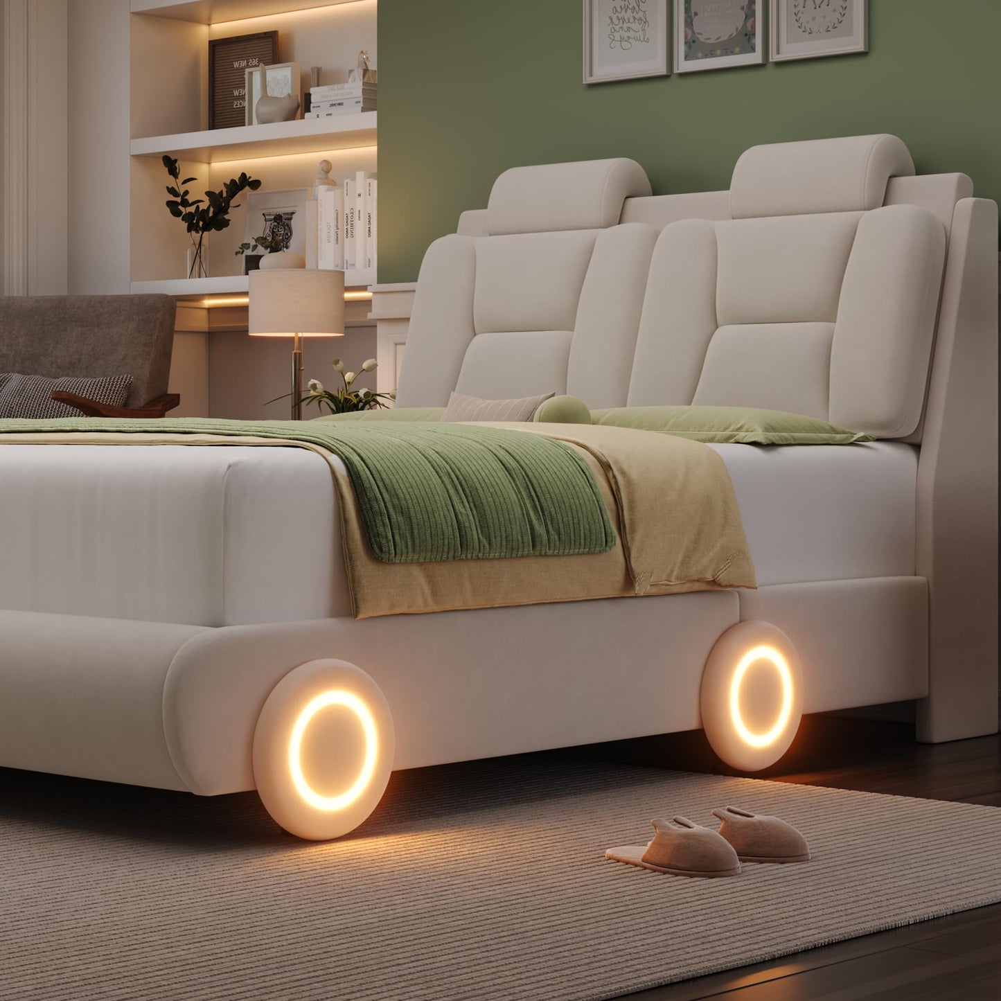Full Upholstered Led Bed Frame with Wheels Decor & Adjustable Curved Headboard Modern Car-Shaped Platform Bed with Detachable Pillows Solid Wooden Slats Support No Box Spring Needed, Velvet Beige
