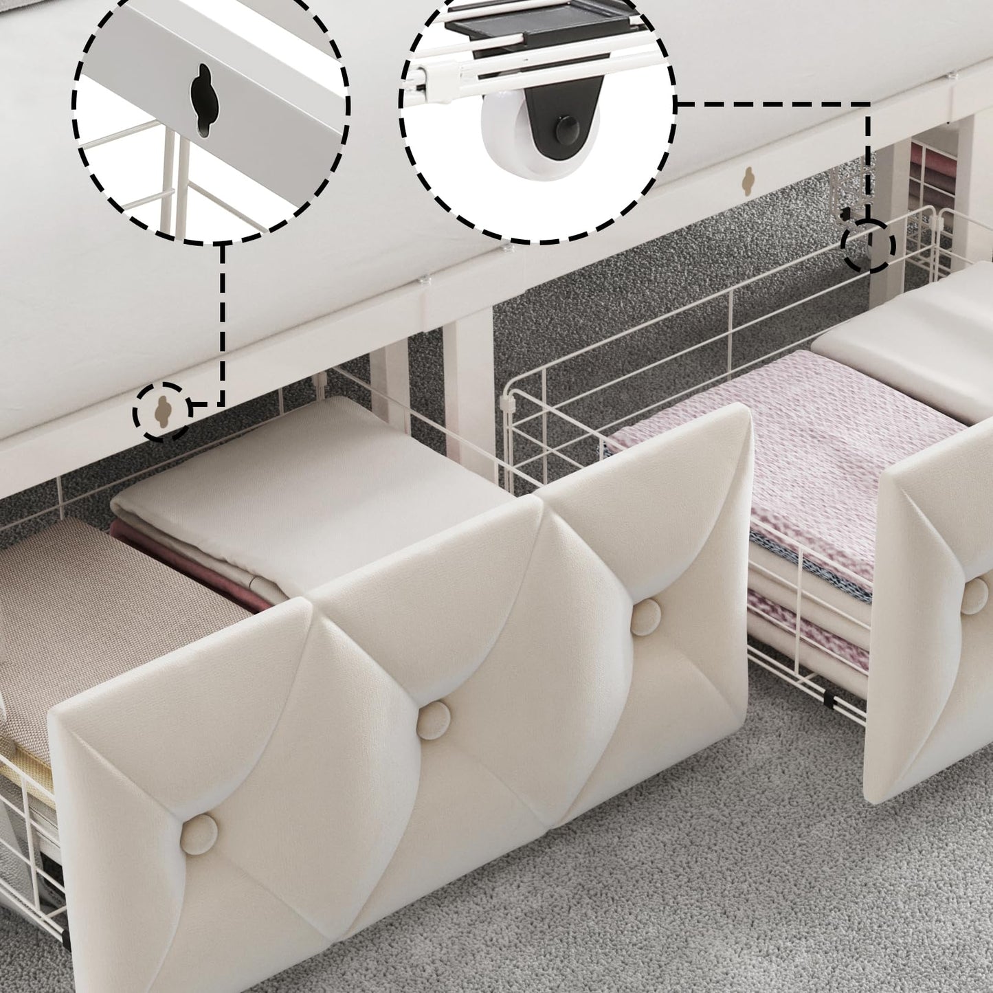 Keyluv Full Upholstered Canopy Bed Frame with 2 Drawers and Button Tufted Headboard, Metal Platform Bed with 4 Removable Posts, Two-Purpose Velvet Bed No Box Spring Needed, Beige/Curtains Not Included