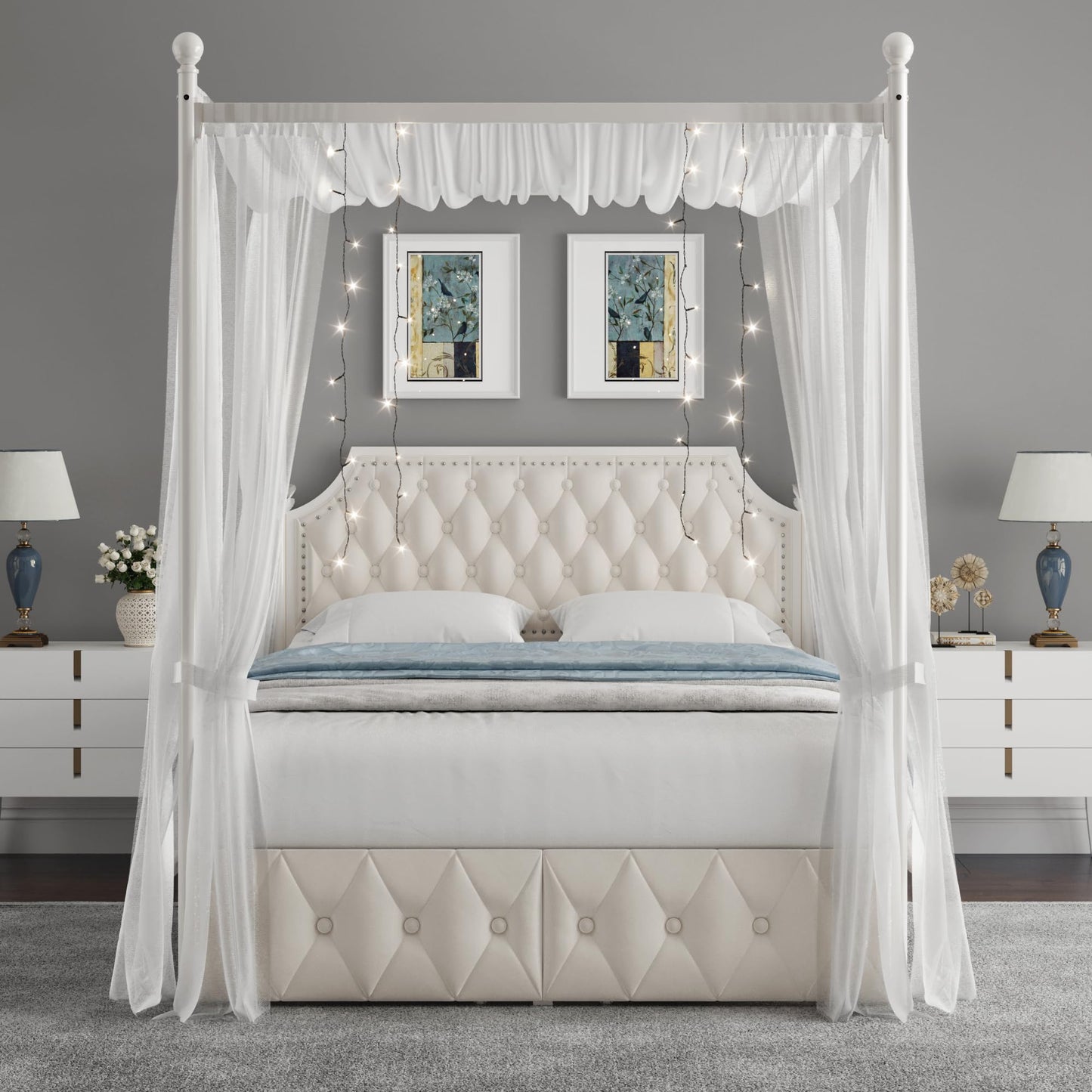 Keyluv Full Upholstered Canopy Bed Frame with 2 Drawers and Button Tufted Headboard, Metal Platform Bed with 4 Removable Posts, Two-Purpose Velvet Bed No Box Spring Needed, Beige/Curtains Not Included